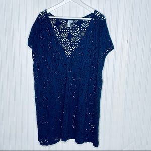 Swim 365 navy blue open weave crochet type short sleeve swimsuit coverup Large